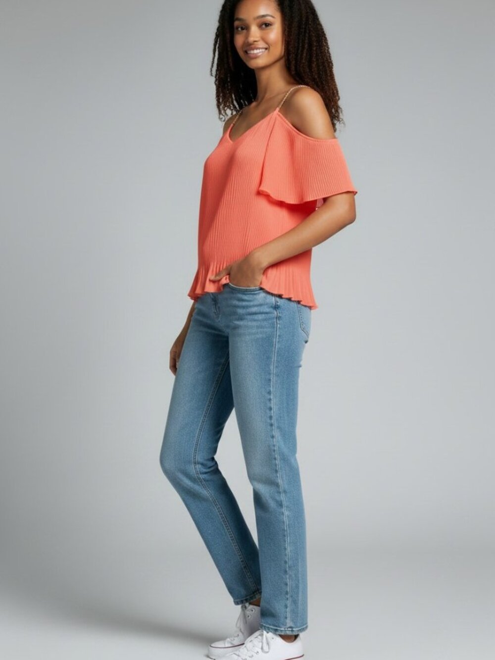 Michael Kors Coral Pink Pleated Cold-Shoulder Camisole with Gold Chain Straps